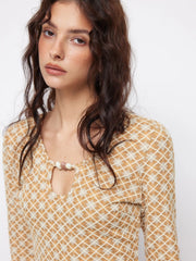 Plaid Geometric Pattern V-neck Bell Sleeve Beaded Cut Out Top