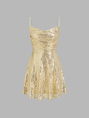 Sequin V-neck Solid Lace Up Mini Dress