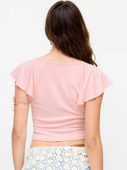 V-neck Lace Trim Tie Front Bell Sleeve Tops