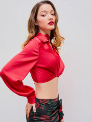 V-neck Solid Twist Long Sleeve Crop Shirt