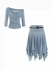 Cowl Neck Ruched Middle Sleeve Top & Mid Rise Belted Asymmetrical Hem Midi Skirt Set