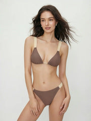 High Stretch V-neck Colorblock Ring Detail Triangle Cheeky Bikini Set