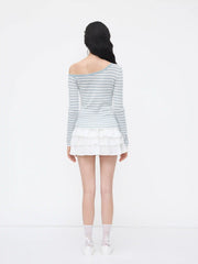Knit Wool-blend Asymmetrical Neck Stripe Long Sleeve Top
