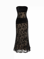 Vestido Maxi Sirena Bandeau de terciopelo y encaje floral y estampado