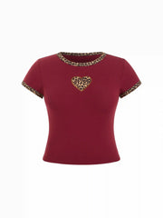 Cotton-blend Leopard Heart Applique Short Sleeve Tee Curve & Plus