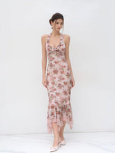 Halter Neckline Floral Ruched Lace Trim Ruffle Maxi Dress