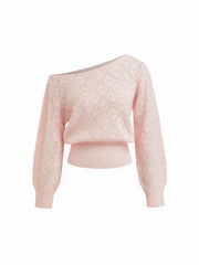 Two Way Knit Boat Neck Pointelle Oversized Long Sleeve Top