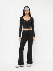 U-neckline Crop Top & Mid Rise Drawstring Flared Trousers Set