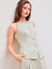 Linen-blend Square Neck Solid Blazer Vest