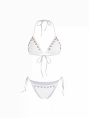Halter Neckline Metallic Stud Triangle Detail Tie Side Bikini Set