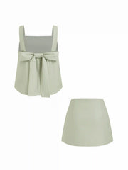 Linen-blend Square Neck Bowknot Top & Mid Rise A-line Mini Skirt Set