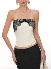 Satin Strapless Lace Panel Tie Back Bandeau Top