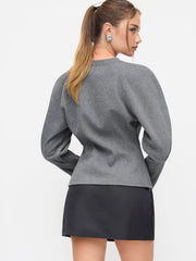 Cotton-blend Round Neckline Lantern Long Sleeve Cinched Waist Sweatshirt
