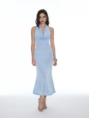 Textured Cowl Neck Lace Panel Mermaid Maxi Dress