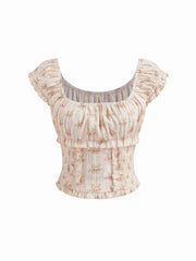 Cotton-blend Floral Lettuce Trim Shirred Tank Top