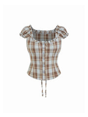 Plaid Square Neck Ruffle Sleeve Knotted Blouse