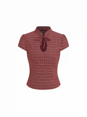 Cotton Gingham Mandarin Collar Puff Sleeve Bowknot Blouse