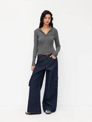 Cable Knit V-neck Solid Hooded Long Sleeve Top