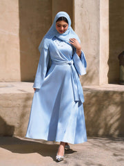 Satin Stand Collar Bell Sleeve Wrap Maxi Flared Dress