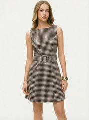 Jacquard Gingham Boat Neck A-line Mini Dress With Belt