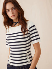 Knit Striped Boat Neck Metal Detail Short Sleeve Top