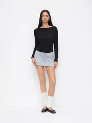 Thermal Cotton-blend Boat Neck Ruched Tee With Removable Padding
