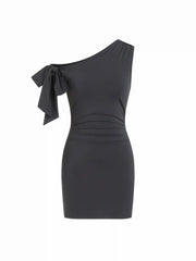 Asymmetrical Neck Knotted Ruched Mini Bodycon Dress