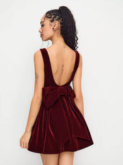 Velvet Boat Neck Bow Backless Mini Dress