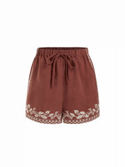 Linen-blend Mid Rise Elastic Waist Aztec Embroidery Drawstring Shorts