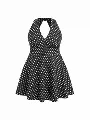 Cotton-blend Halter Neck Polka Dot Flared Mini Dress Curve & Plus
