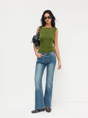 Boat Neck Backless Buckle Tank Top