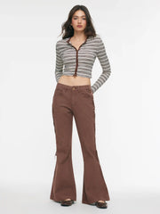 Stretch Washed Denim Low Rise Drawstring Flared Trousers Jeans