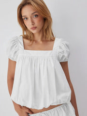 Cotton-blend Square Neck Puff Sleeve Ruched Bubble Hem Blouse