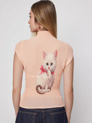 Textured High Neck Cat Graphic Short Sleeve Tee