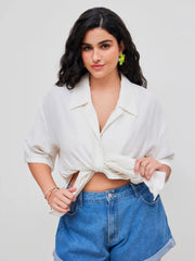 Linen-blend Collar Solid Short Sleeve Shirt Curve & Plus