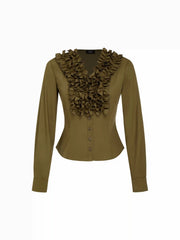 Cotton-blend V-neck Long Sleeve Ruffled Blouse
