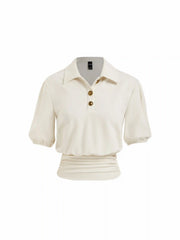 Ruched Hem Collar Short Sleeve Top With Metal Button