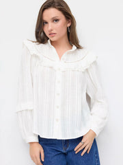 Cotton-blend Stand Collar Puff Sleeve Ruffle Oversized Blouse