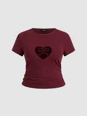 Cotton-blend Bowknot Heart Lace Trim Ruched Tee Curve & Plus