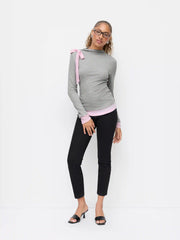 Wool-blend Stand Collar Bowknot Two Tone Long Sleeve Top