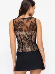 Lace Floral Boat Neck Ruched Color-block Tank Top