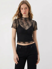 High Neck Lace Floral Top & Solid Crop Cami Top Set