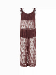 Lace Square Neck Oversized See-Through Barrel Leg Jumpsuits