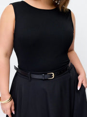 Boat Neck Sleeveless Pocket Midi A-line Dress With Belt Curve & Plus
