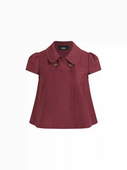 Cotton-blend Collar Double Breasted Short Puff Sleeve Oversized Blouse