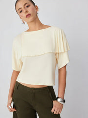 Boat Neck Asymmetrical Draped Short Sleeve Tee