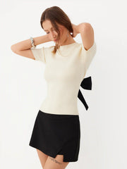 Knit Round Neck Bowknot Backless Top