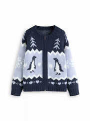 Knit Penguin & Heart Pattern Zip Through Oversized Cardigan