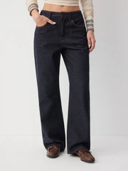 Denim Mid Rise Button Contrasting Binding Straight Leg Jeans