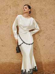 Satin Draped Lace Trim Top & Mid Rise Mermaid Maxi Skirt Set